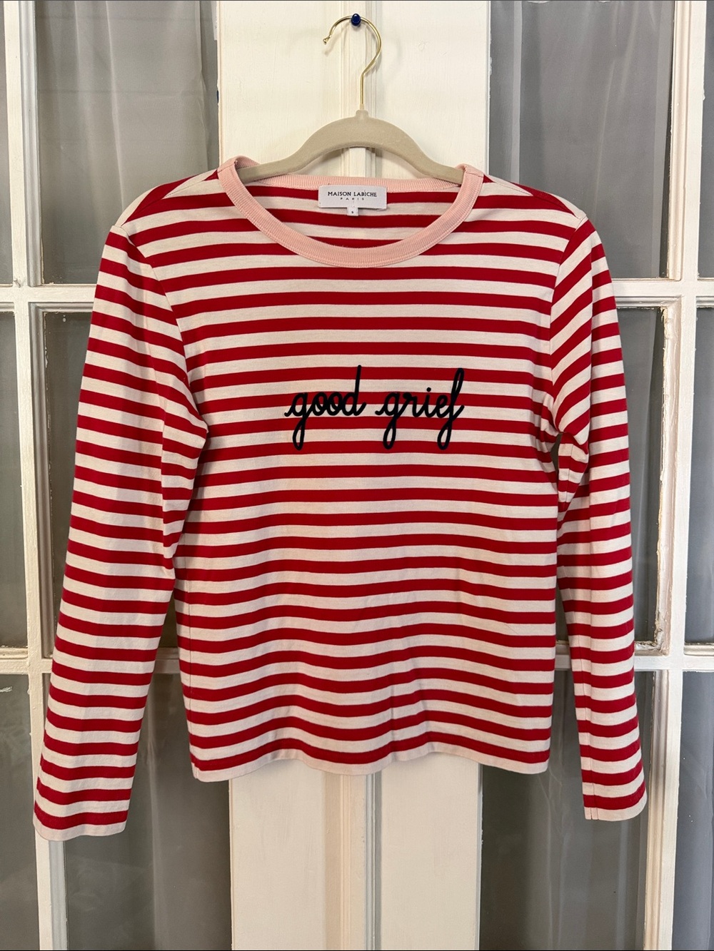 Maison Labiche 'Good Grief' Red & White Stripe Long-Sleeve Tee